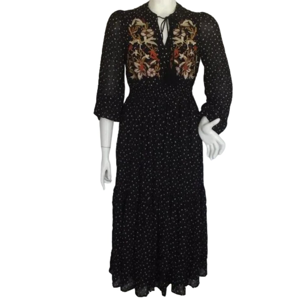 RUSTTYDUSTTY Midi Dress, S, Black, Floral Embroidery, Ruffles, Long sleeve
